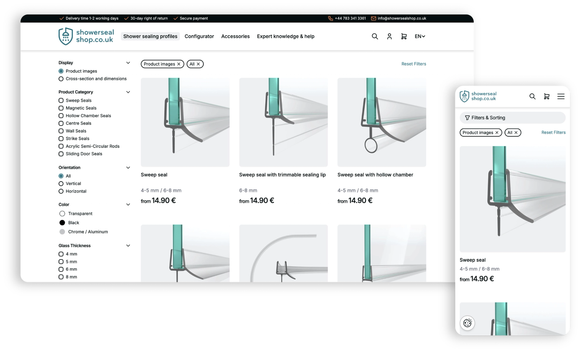 Desktop and mobile view of a shower seal shop