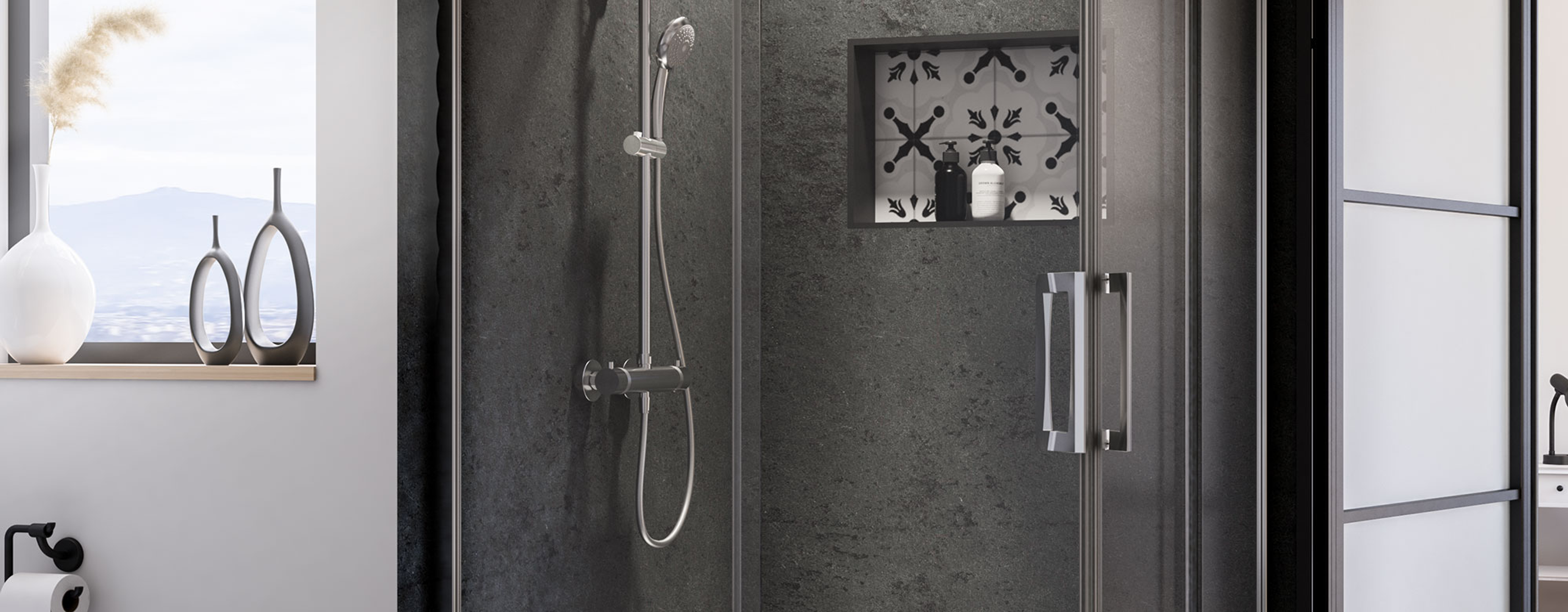 Dark-themed bathroom with a corner shower cabin