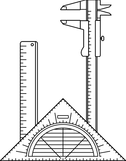Ruler, set square and calliper