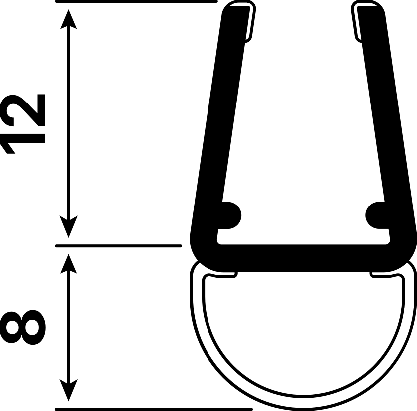 Technical drawing of a hollow chamber seal with measurements