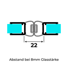 Technical drawing of two 180° magnetic seals for 6-8mm glass thickness on 8mm glass at a 180° angle