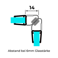 Technical drawing of two 90° magnetic seals for 6-8mm glass thickness on 6mm glass at a 90° angle