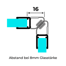Technical drawing of two 90° magnetic seals for 6-8mm glass thickness on 8mm glass at a 90° angle