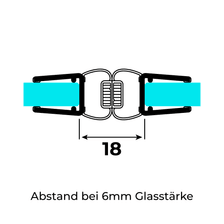 Technical drawing of two 180° magnetic seals for 6-8mm glass thickness on 6mm glass at a 180° angle
