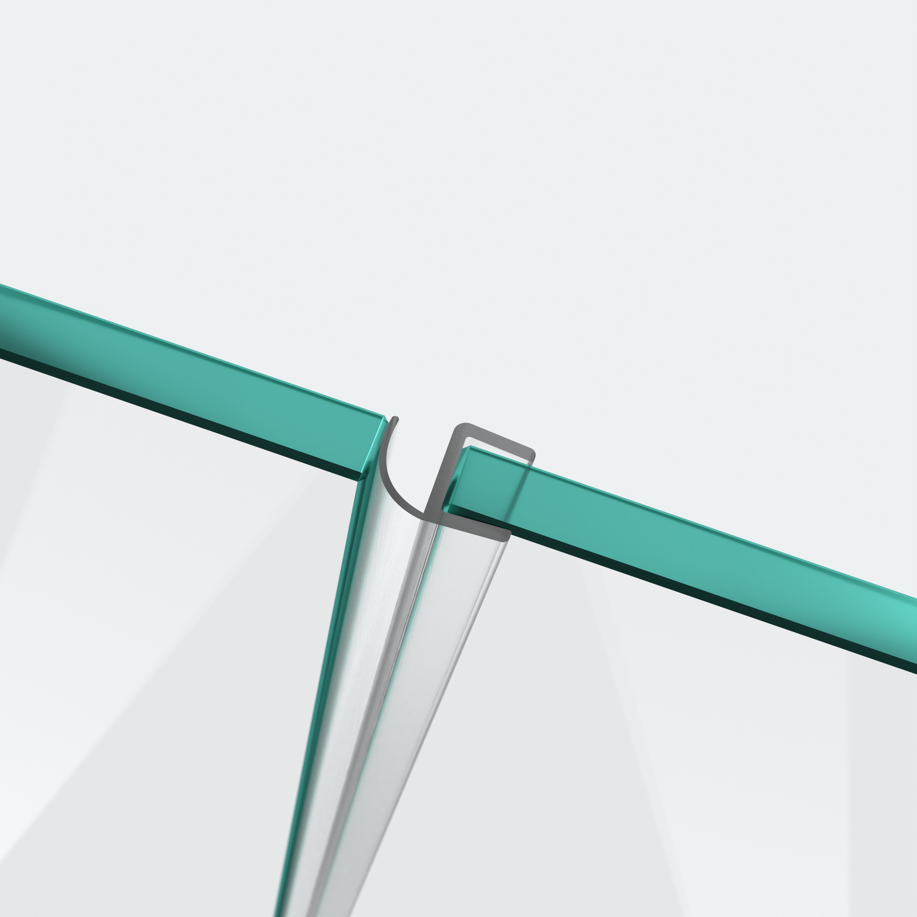 3D model of a wall and centre seal with a half hollow chamber and short glass recess for a 180° glass-to-glass situation