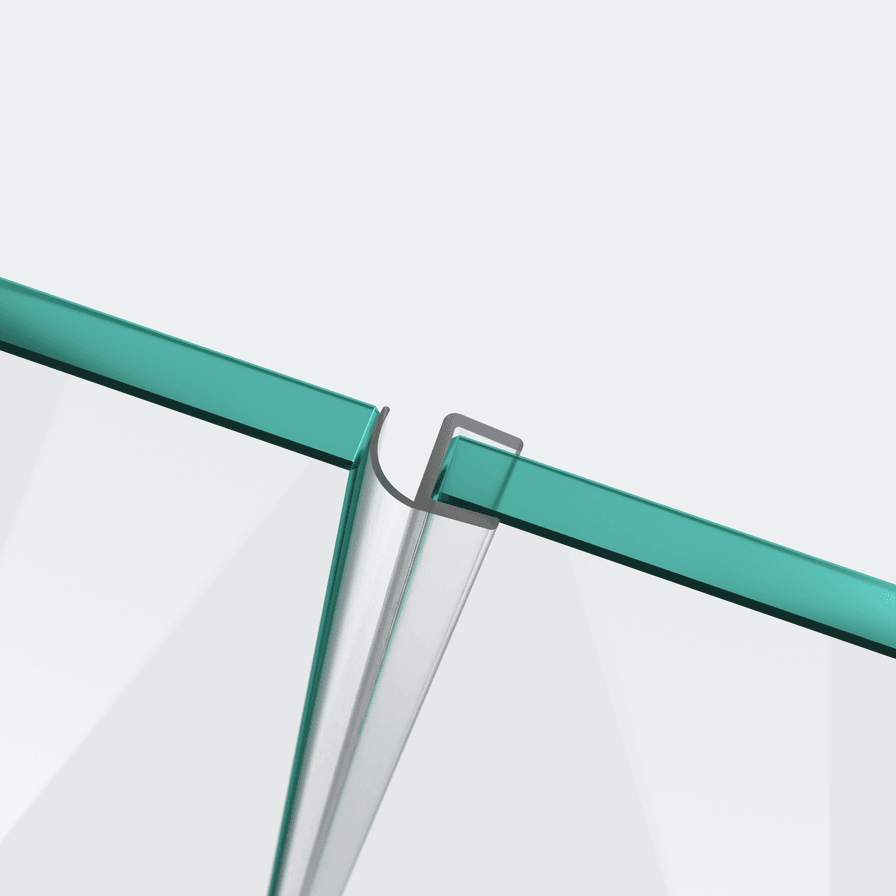 3D model of a wall and centre seal with a half hollow chamber and short glass recess for a 180° glass-to-glass situation