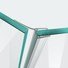 3D model of a wall and centre seal with a long sealing flap for a 135° glass-to-glass situation